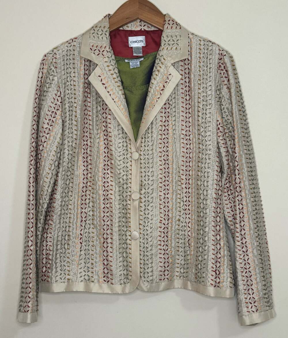Chico's Silk Jacket Womens 1 Medium with Silks by ISC Tank Top Green Embroidered